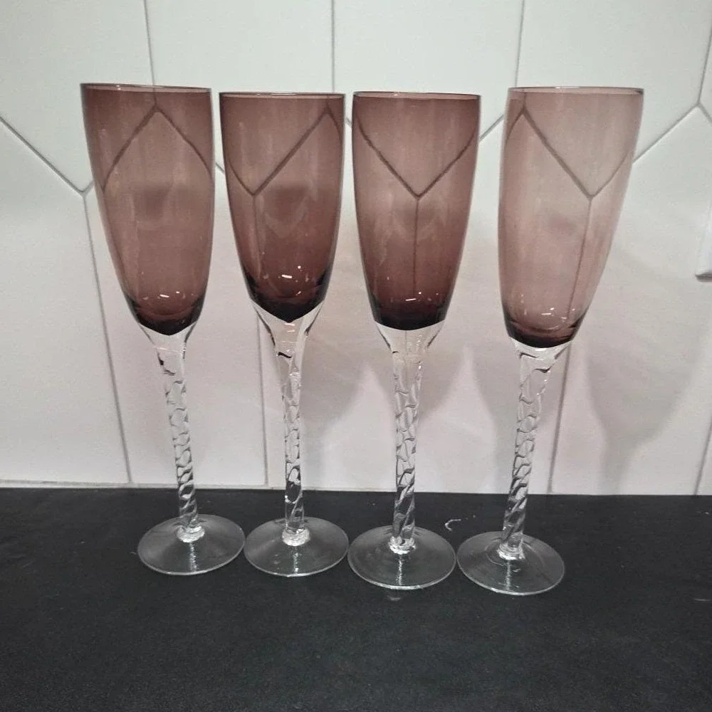 Pier 1 Amethyst Purple Champagne Flutes, Set of 4, Vintage Twisted Stem Stemware